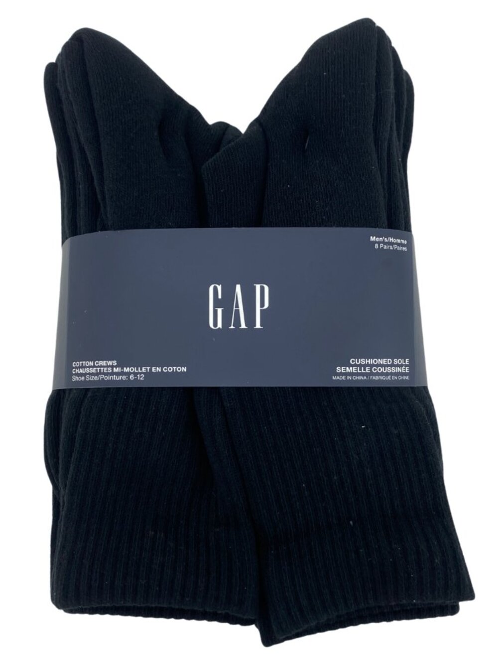 GAP Black Cotton Crews Cushioned Sole Socks: 8 Pair | Size 6-12